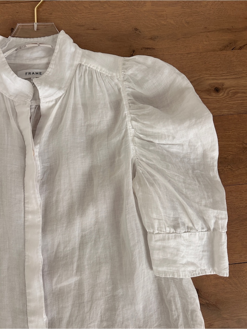 FRAME Gillian White Blouse Ruched Puff Sleeve Top Button Up Shirt Size Medium - Picture 4 of 15